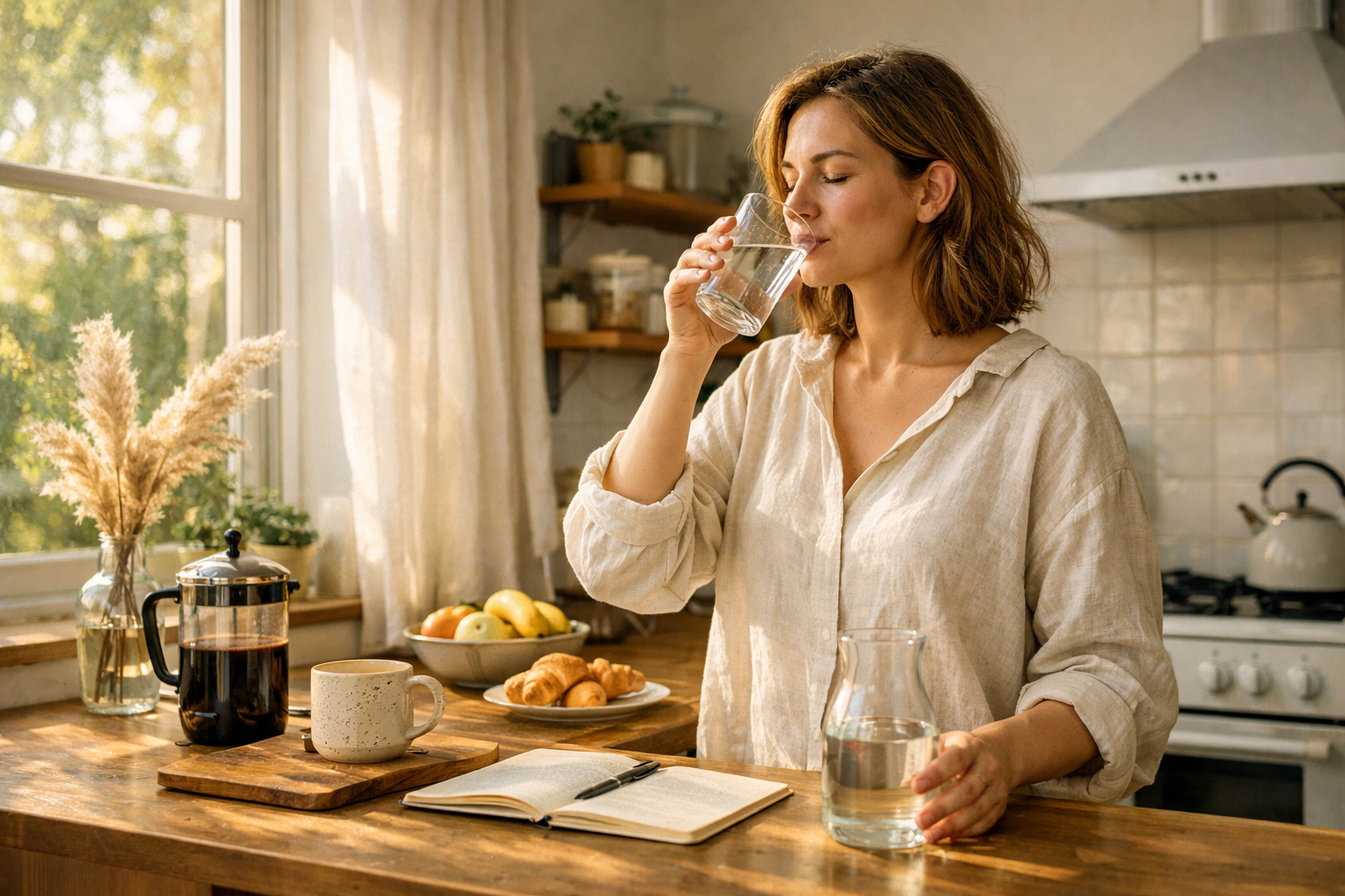 Peaceful morning routine with natural light streaming through window, person drinking water in calm kitchen setting
