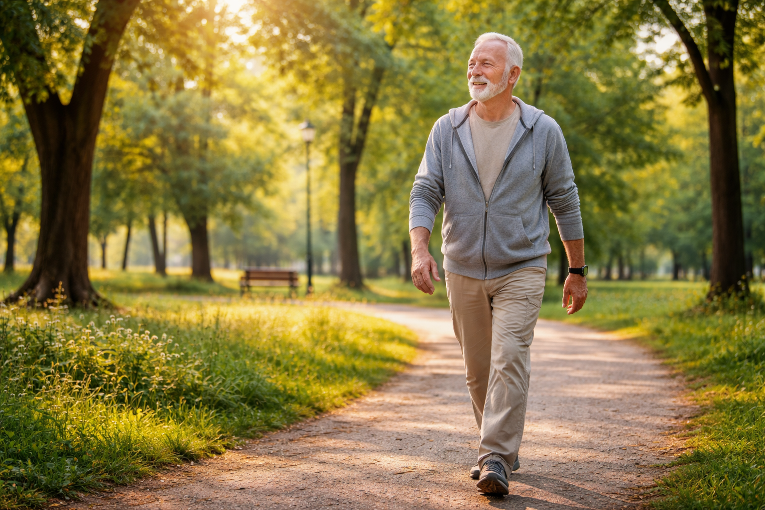 Elderly person walking peacefully in park with trees, natural outdoor exercise, healthy lifestyle